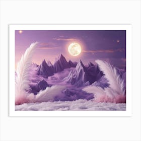 Dreamy 3d Surrealist Art with Soft Lilac Background Elegant Ivory Feathers Celestial Mountains and Luminous Art Print