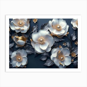 3d Artwork Illustration, White and Blue Background, Golden Jewelry, Flowers, Black 1 Art Print