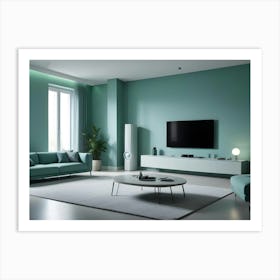 A Modern Living Room Interior With A Large Green Sofa, Two Armchairs, A Coffee Table, Plants, And A Tv Art Print