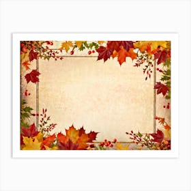 Autumn Themed Thanksgiving Frame Edges Adorned With Crimson Orange And Yellow Leaves Center Hold (5) Art Print