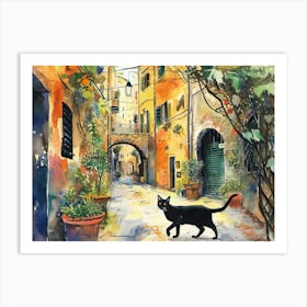 Black Cat In Napoli, Italy, Street Art Watercolour Painting 1 Art Print
