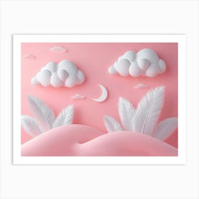 Dreamy 3d Art with Soft Pastel Pink Background Silver Feathers Serene Clouds and Unique Hills Art Print