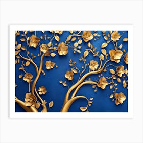 Elegant Gold And Royal Blue Floral Tree With Seamless Leaves And Flowers Hanging Art Print