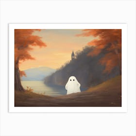 Cute Funny Ghost Autumn Fall Castle Landscape, Halloween Spooky Art Print