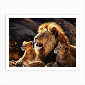 African Lion With Cubs Realism Painting 4 Art Print
