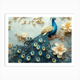 3d Peacock Illustration Background with Flowers Art Print