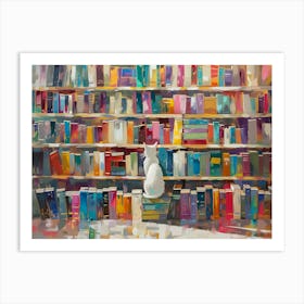 White Cat In The Library - Thinking Art Print