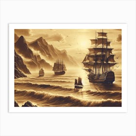 Vintage Sepia Prints Of Ocean With Ships 3 Art Print