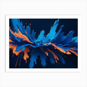 A Vibrant Splash Of Blue And Orange Paint Creating A Dynamic And Abstract Design Against A Dark Background Art Print