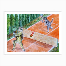 Cats Have Fun Cats Play Tennis On The Court Art Print