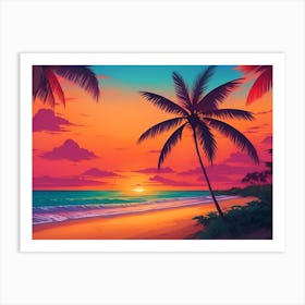 A Tranquil Beach At Sunset Horizontal Illustration 68 Art Print