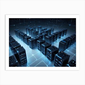 Server Racks With Glowing Blue Lights In A Server Room Art Print