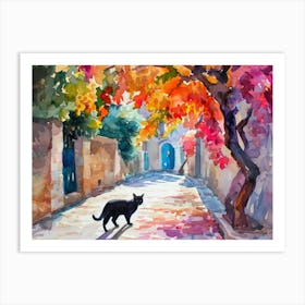 Bodrum, Turkey   Black Cat In Street Art Watercolour Painting 2 Art Print
