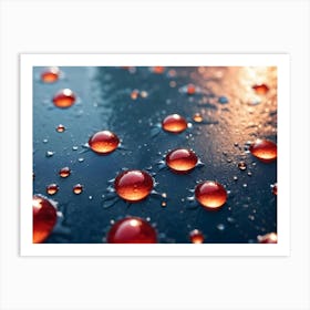 Close Up Macro Shot Of Red Water Droplets On A Blue Surface Art Print