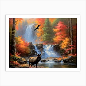 Elk And Waterfall - Ai Art Print