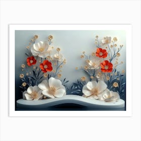 3d White and Blue Background with Flowers Art Print