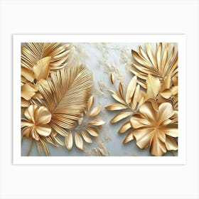 Gold Floral Plants and Palm Leaves 3d Illustration, Grey Background, Abstract Tropical Leaves, Banana Leaves 2 Art Print