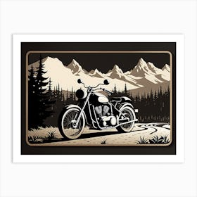 Motorcycle In The Mountains, vintage bike, classic bike, vector art, 2 Art Print