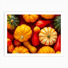 A Digitally Rendered Closeup Of An October Harvest Bursting With Multicolored Autumnal Squash Inclu (1) Art Print