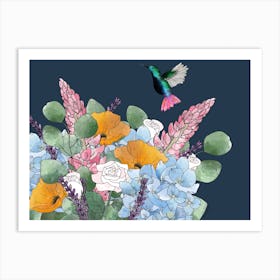 Hummingbird With Flowers Art Print