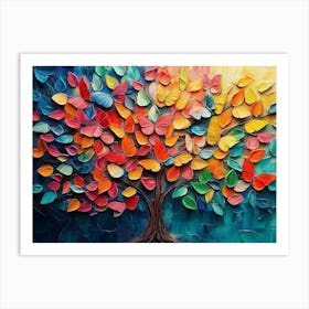 Colorful Tree with Vibrant Leaves and Butterflies Against a Painted Backdrop Art Print