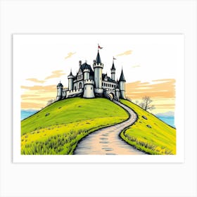 Castle On A Grassy Hill With Winding Path, Sketched Painting Art Art Print