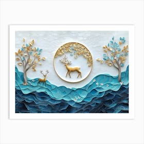 Deer In The Forest Blue Art Print