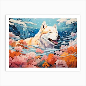 Siberian Husky Dog Swimming In The Sea Art Print