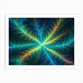 An Abstract Fractal Image Featuring Swirling, Glowing Lines And Shapes In Shades Of Blue, Green, And Orange On A Dark Background Art Print