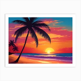 A Tranquil Beach At Sunset Horizontal Illustration 17 Art Print