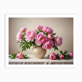 Beautiful Bouquet Of Pink Peonies In A Beige Vase On A Table With A Soft, Romantic Background, Perfect For A Spring Or Mother S Day Theme Art Print