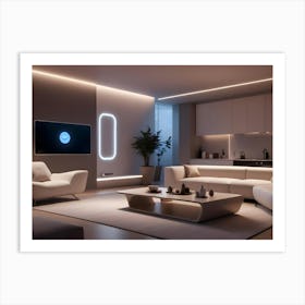 A Modern Living Room Interior With A White Sofa, A Coffee Table, And A Large Tv Screen Displaying A Smart Home Interface 1 Art Print