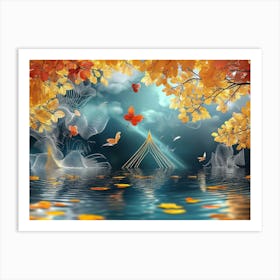 Autumn Leaves On The Water 3d 1 Art Print