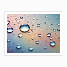 A Macro Photograph Of Water Droplets On A Colorful Background, With Shades Of Blue, Green, And Orange Art Print