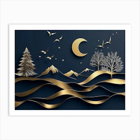 3d Modern Art With Dark Blue And Golden Wave Background 4 Art Print