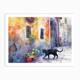 Black Cat In Napoli, Italy, Street Art Watercolour Painting 4 Art Print