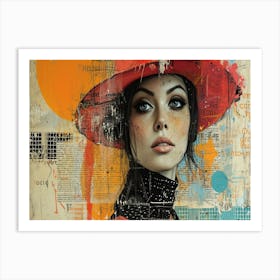 Analog Fusion: A Tapestry of Mixed Media Masterpieces Red Hat Art Print