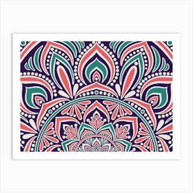 WA240023 - Intricate Coral and Teal Mandala on Purple - Vibrant Geometric Art Art Print