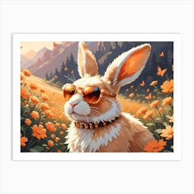 A Rabbit With Stylish Sunglasses And A Necklace Sits In A Field Of Orange Flowers With Mountains In The Background Art Print