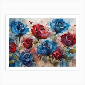 A Dozen Red And Blue Roses Art Print