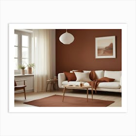 A Living Room Interior With A Brown Wall, White Couch, And Brown Accents, Creating A Warm And Inviting Atmosphere Art Print