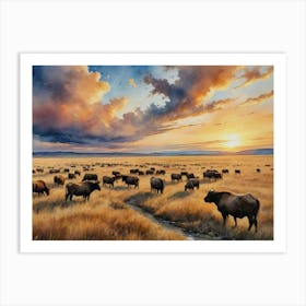 Shadows and Sunlight on the Plains Herd Of Bison At Sunset Art Print