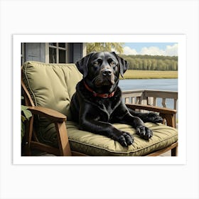 Black Labrador Resting On a Porch Chair Near a Serene River in the Late Afternoon Art Print