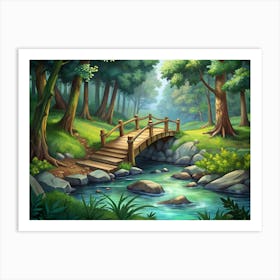 Wooden Bridge Over A Stream In A Lush Green Forest Art Print