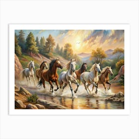 Horses Running In The Stream Art Print