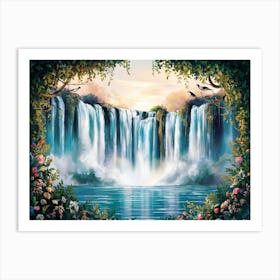 Majestic Forest Waterfall Painting #1 Art Print