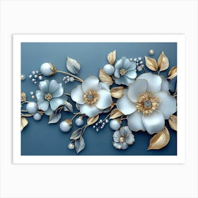 3d White and Blue Background with Golden Jewelry and Flowers 2 Art Print