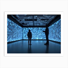 An Illustration Of Two Figures Silhouetted Against A Wall Of Glowing Blue Screens Displaying Digital Patterns Art Print