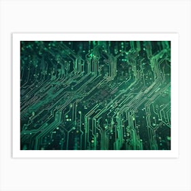 Abstract Close Up Of A Circuit Board With Intricate Patterns And Glowing Green Lines 1 Art Print