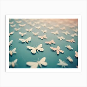 A Blue Background With Many White Paper Butterflies Scattered Over It Art Print